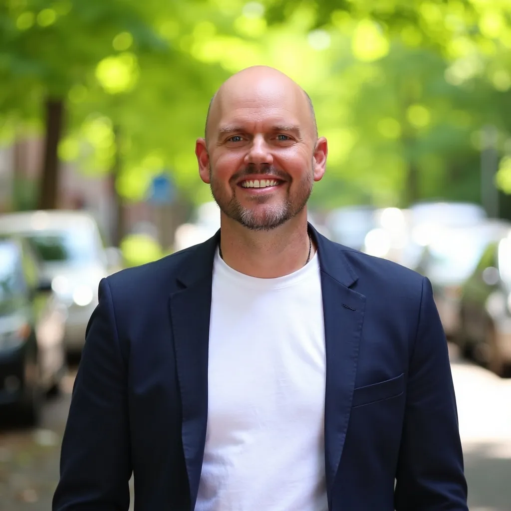 Jeff D. Harmon smiling outdoors on a tree-lined street in a navy blazer